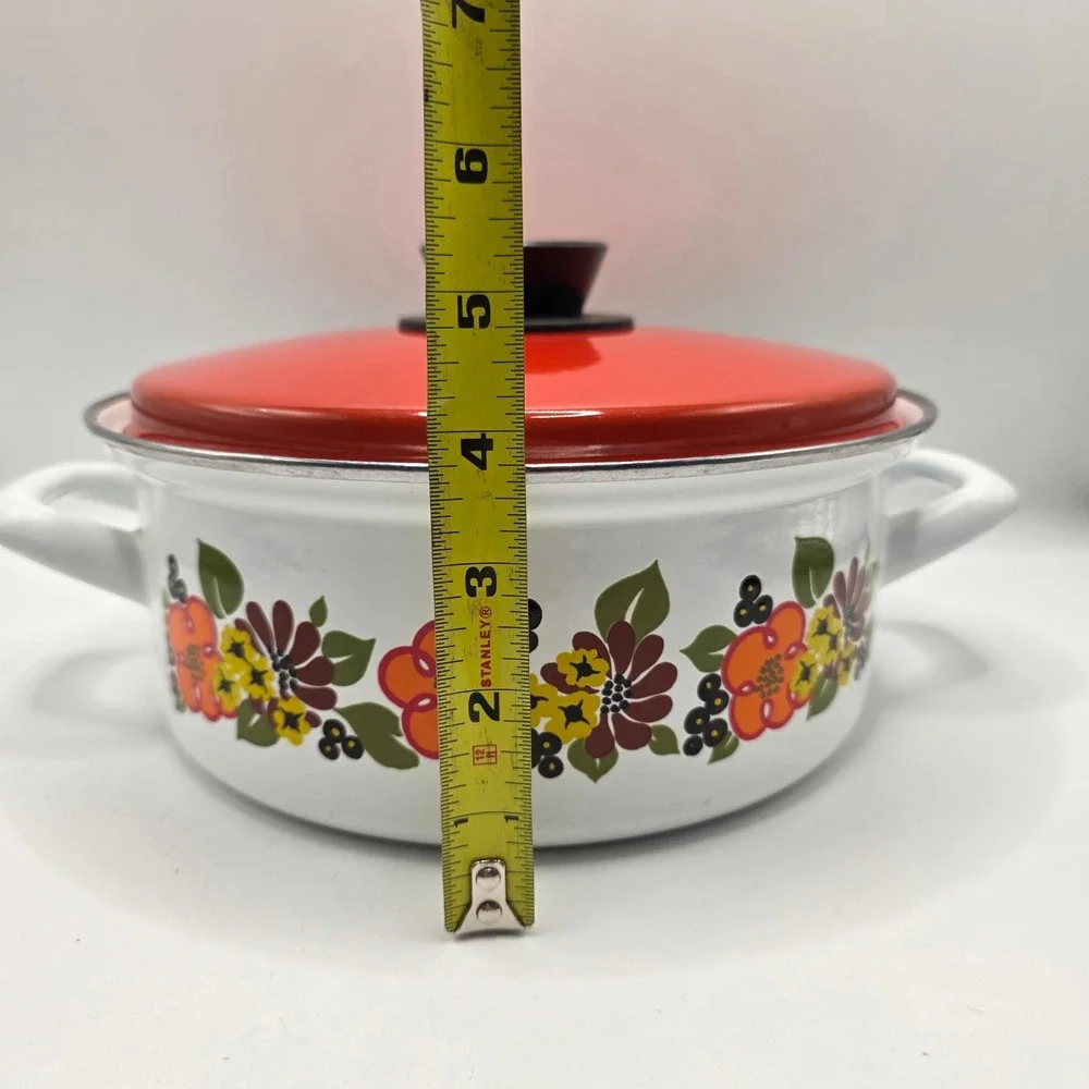 Austria Email Casserole Pot Vintage‎ White Orange Floral Enamelware MCM Cookware